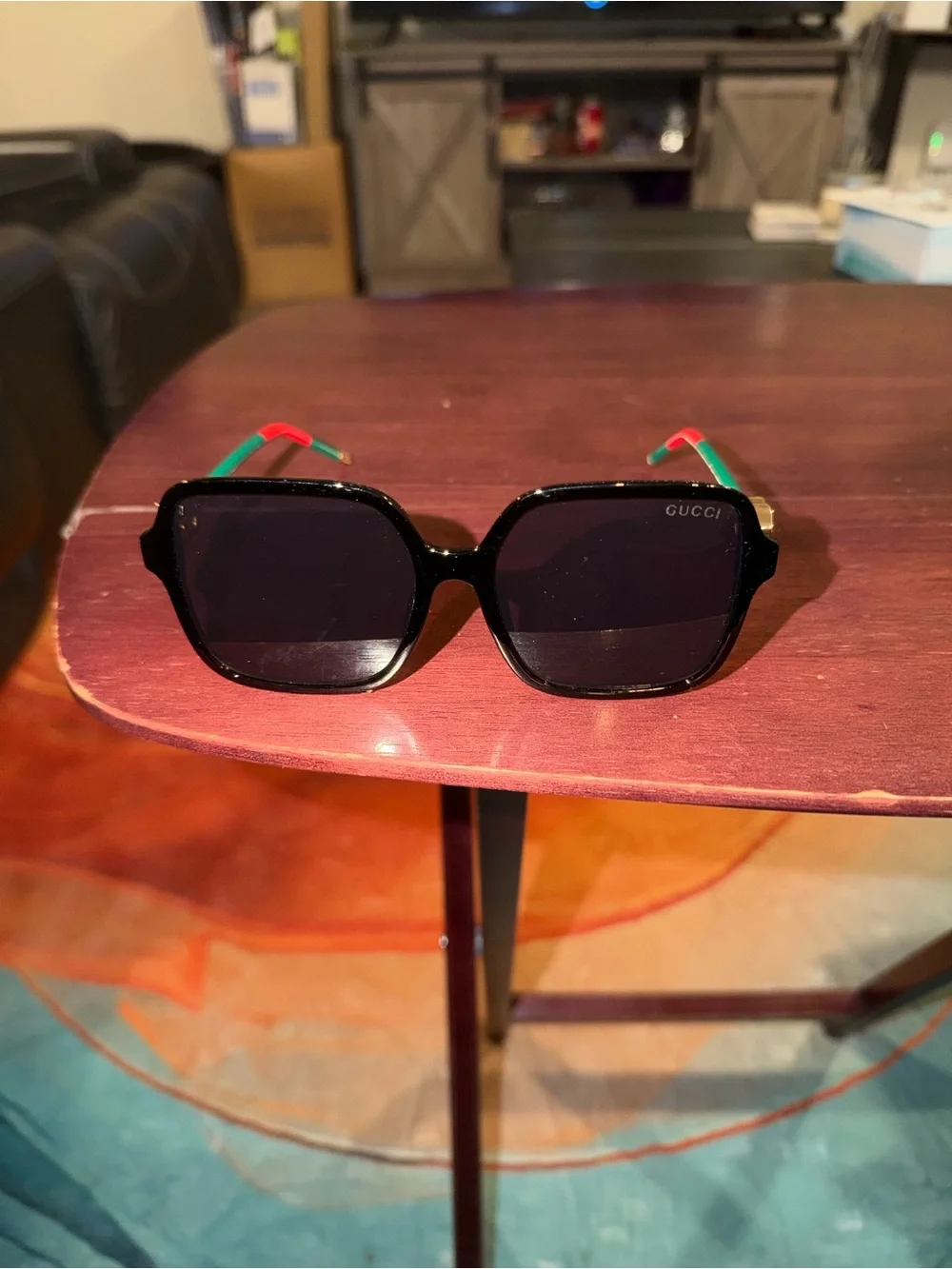 Gucci Black Square Sunglasses with Green and Red Temples